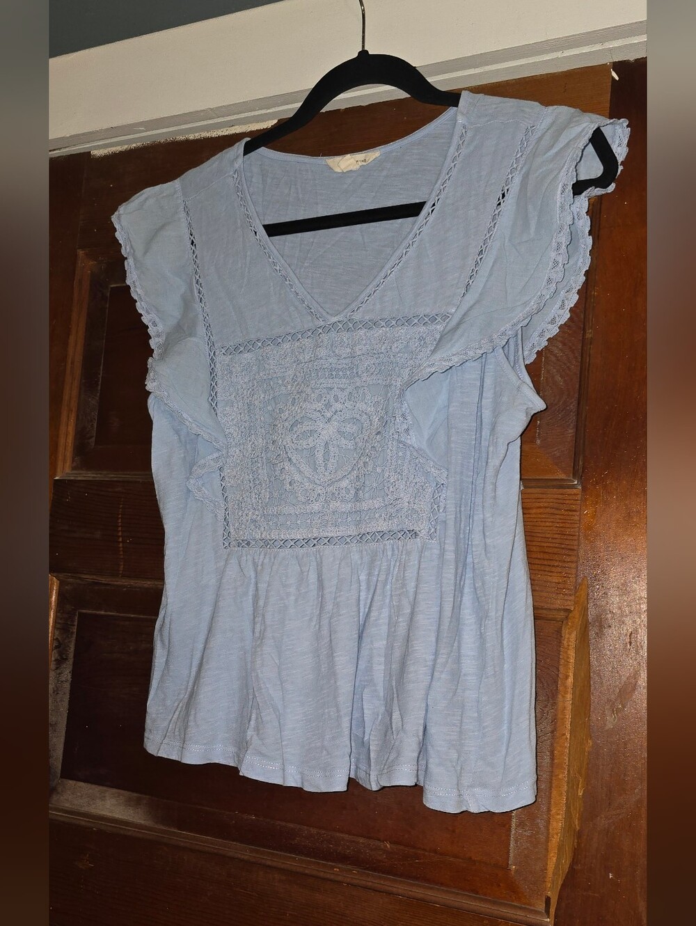 Lucky Brand Pale Blue Crochet-Front Flutter Sleeve Tunic
